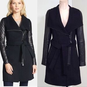 Mackage Hemmy Leather Sleeve Wool  Long Coat